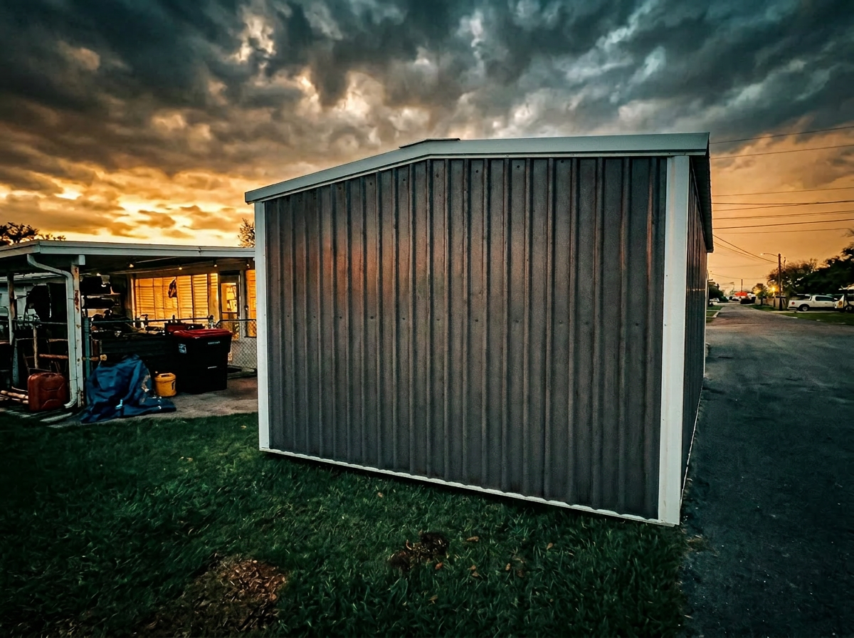End view of charcoal portable metal building showing welded red iron frame profile