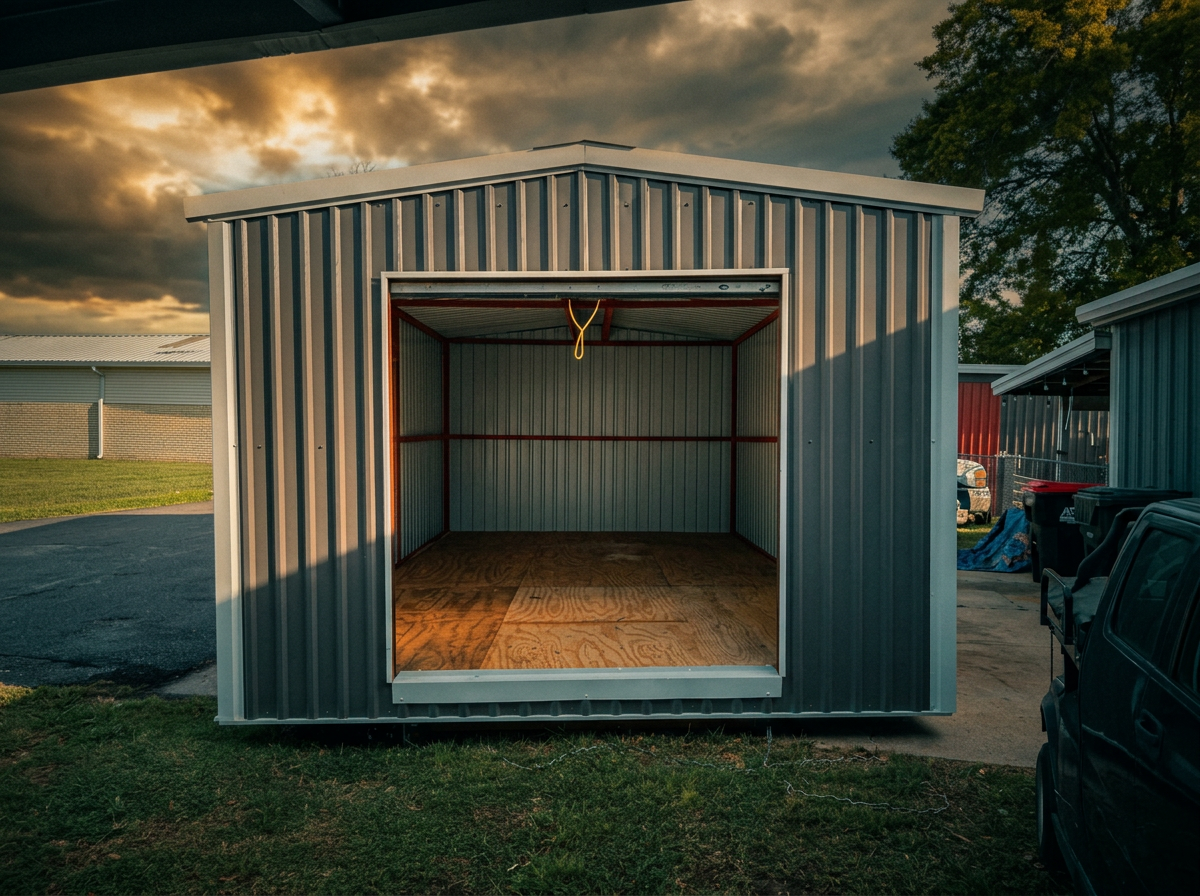 Portable metal building with roll-up door open showing plywood floor and welded red iron framing