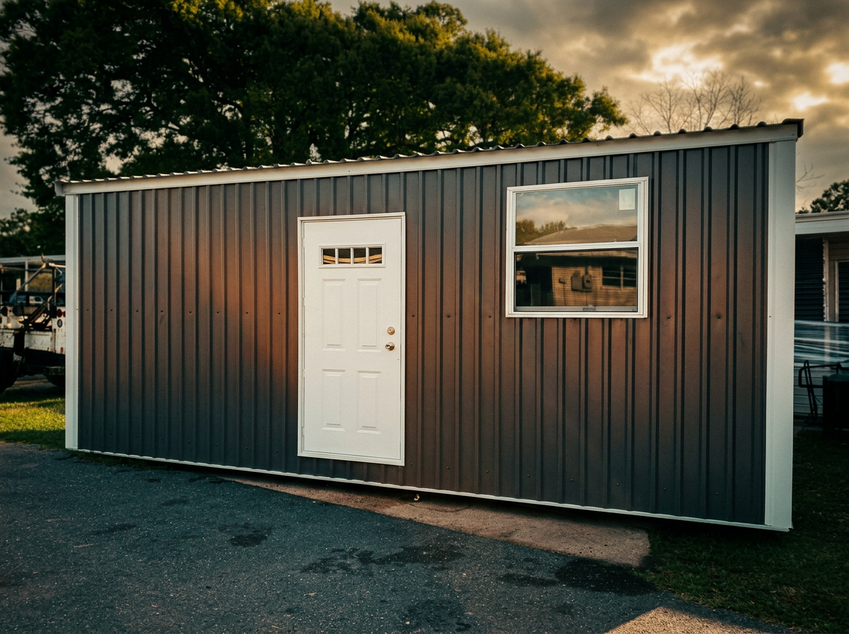 Charcoal portable metal building with white trim, entry door and window